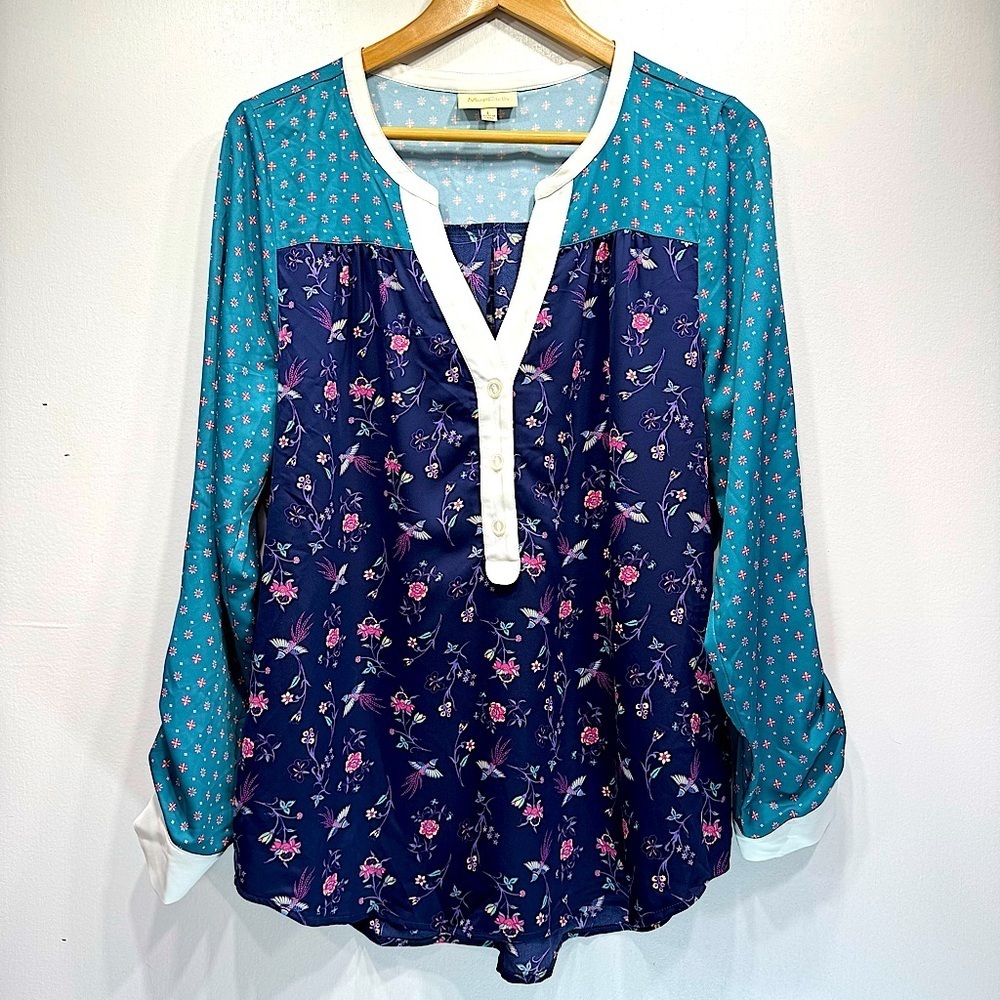ModCloth Tunic Blouse Mixed Print Bird Floral Long Sleeve Flowy Cottagecore